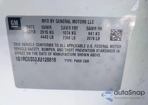 2018 Chevrolet Volt Lt from USA, damaged, VIN 1G1RC6S52JU128818